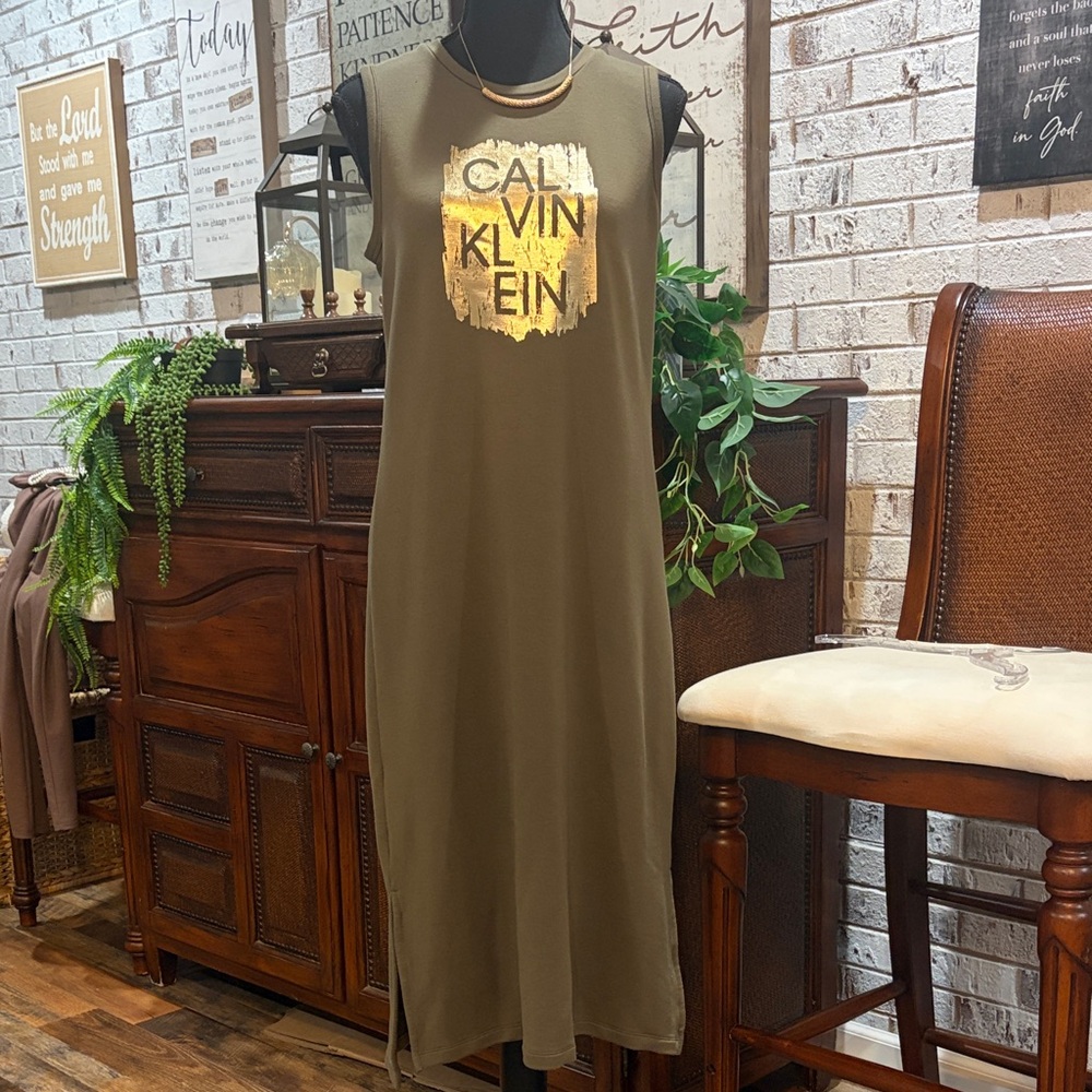 Calvin Klein Khaki Sleeveless Dress with Gold Logo